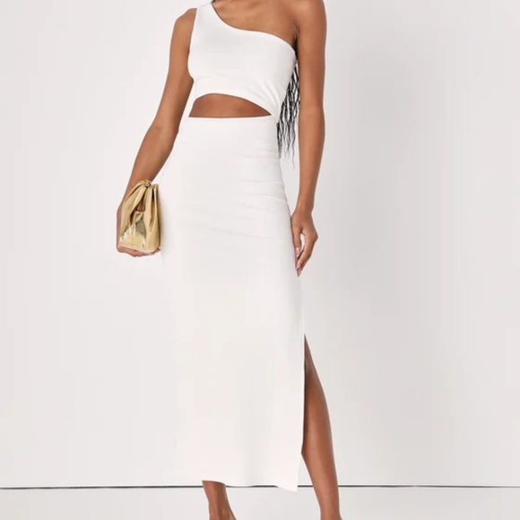 Lulus Dresses & Skirts - Lulus Spice Things Up Ivory Ribbed One-shoulder Cutout Midi Dress White